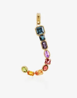 Rainbow alphabet J 18 kt yellow gold charm with multicolor fine gems