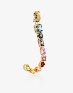 Rainbow alphabet J 18 kt yellow gold charm with multicolor fine gems