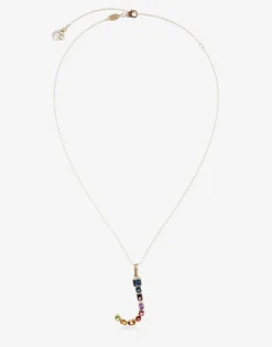 Rainbow alphabet J pendant in yellow gold with multicolor fine gems