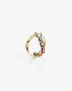 Rainbow alphabet J ring in yellow gold with multicolor fine gems