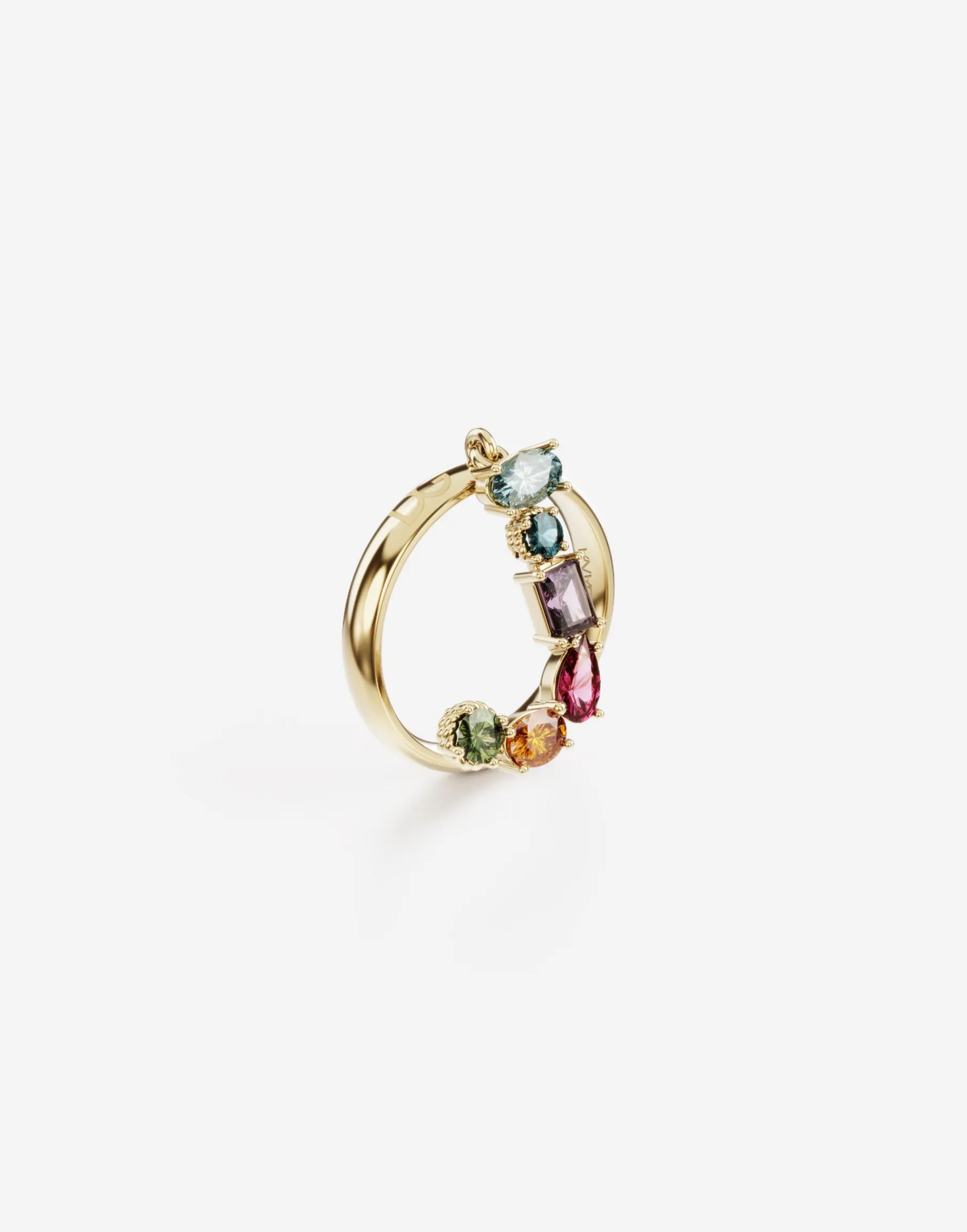Rainbow alphabet J ring in yellow gold with multicolor fine gems