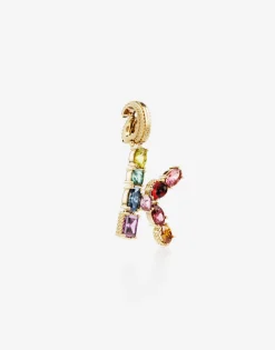 Rainbow alphabet K 18 kt yellow gold charm with multicolor fine gems