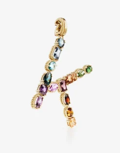Rainbow alphabet K 18 kt yellow gold charm with multicolor fine gems