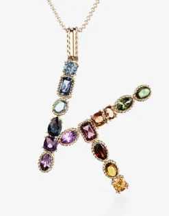 Rainbow alphabet K pendant in yellow gold with multicolor fine gems