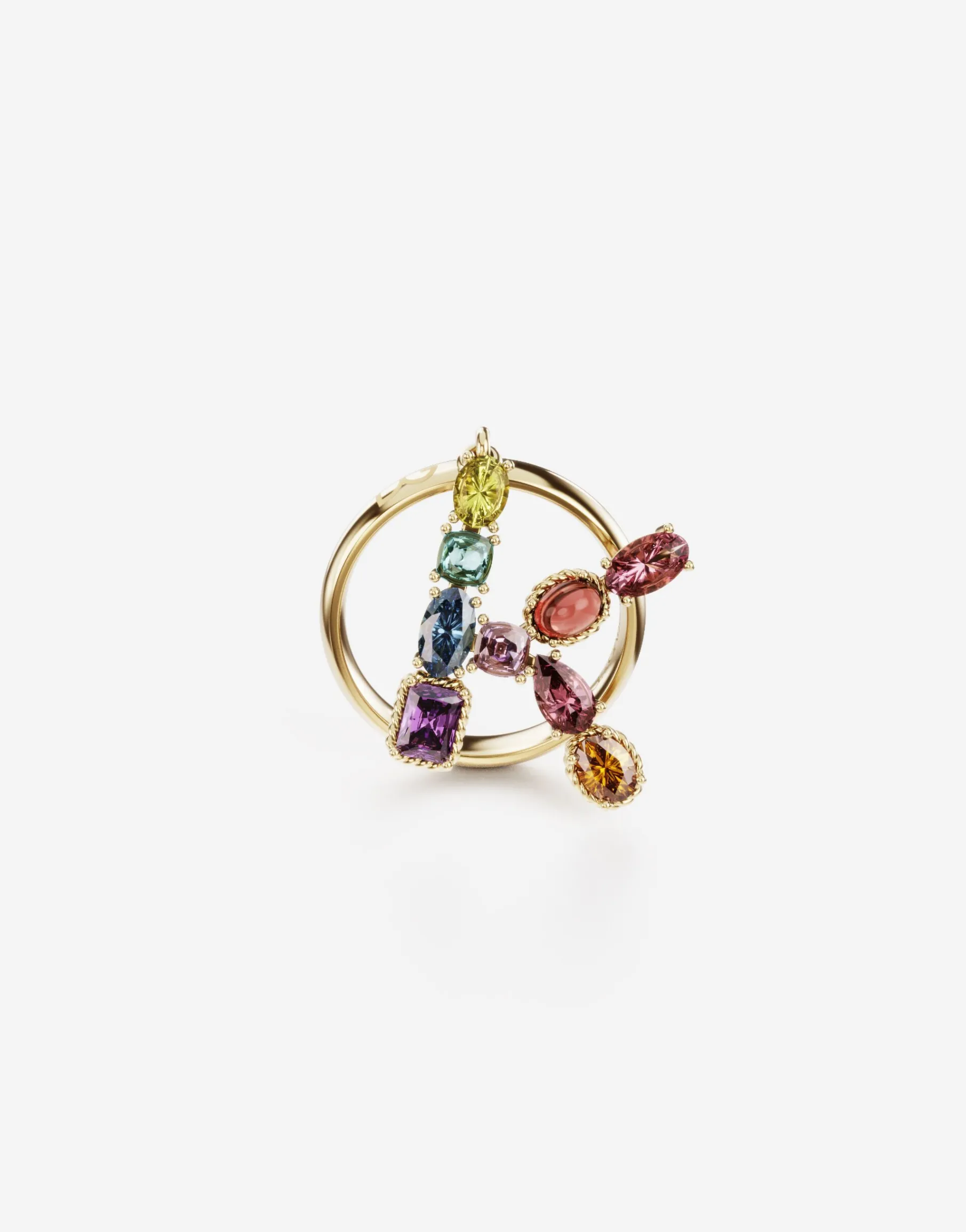 Rainbow alphabet K ring in yellow gold with multicolor fine gems