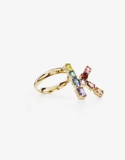 Rainbow alphabet K ring in yellow gold with multicolor fine gems