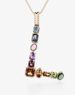 Rainbow alphabet L pendant in yellow gold with multicolor fine gems