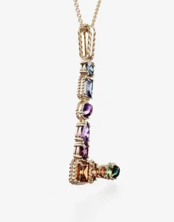 Rainbow alphabet L pendant in yellow gold with multicolor fine gems