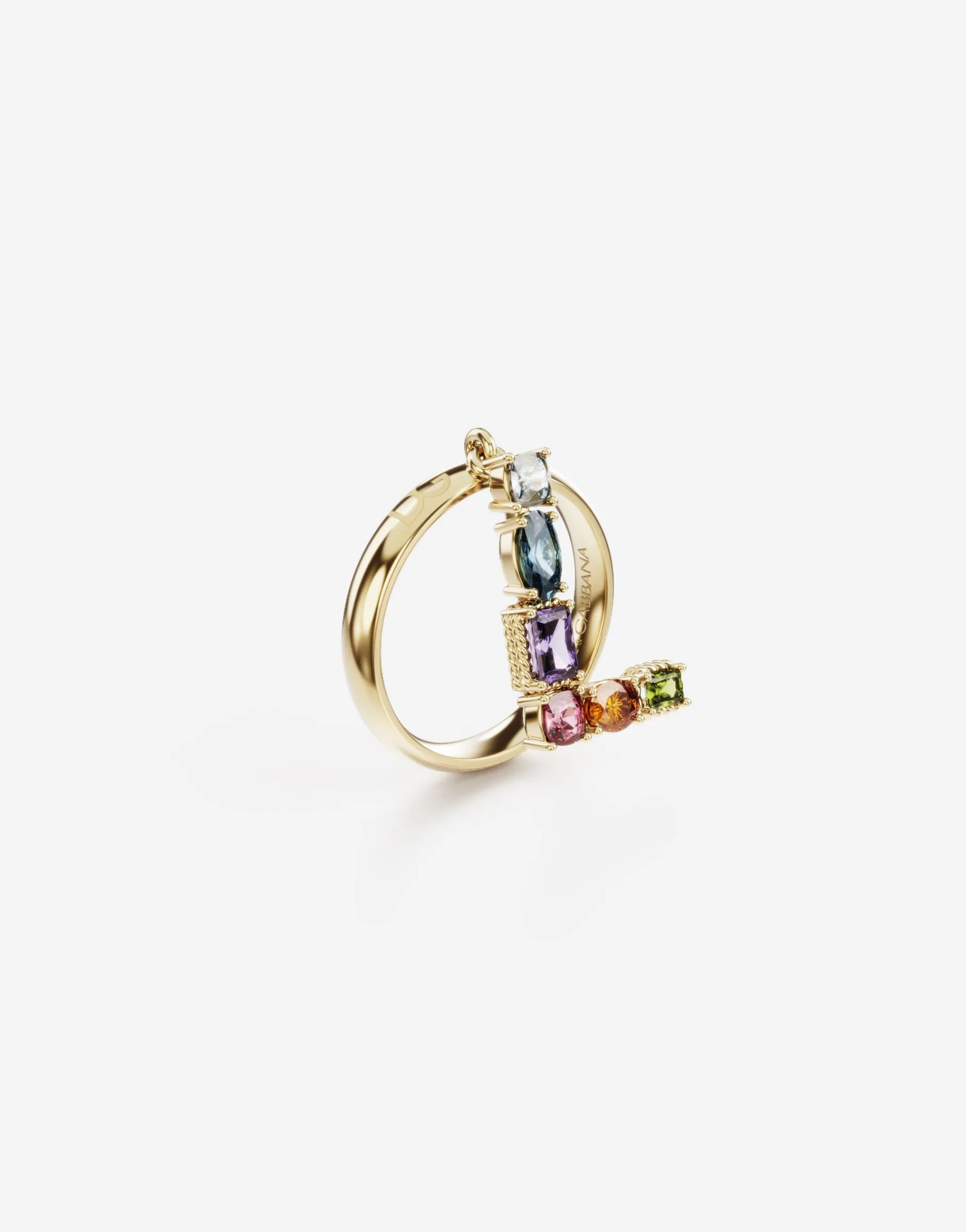 Rainbow alphabet L ring in yellow gold with multicolor fine gems
