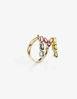 Rainbow alphabet M ring in yellow gold with multicolor fine gems
