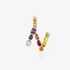 Rainbow alphabet N 18 kt yellow gold charm with multicolor fine gems