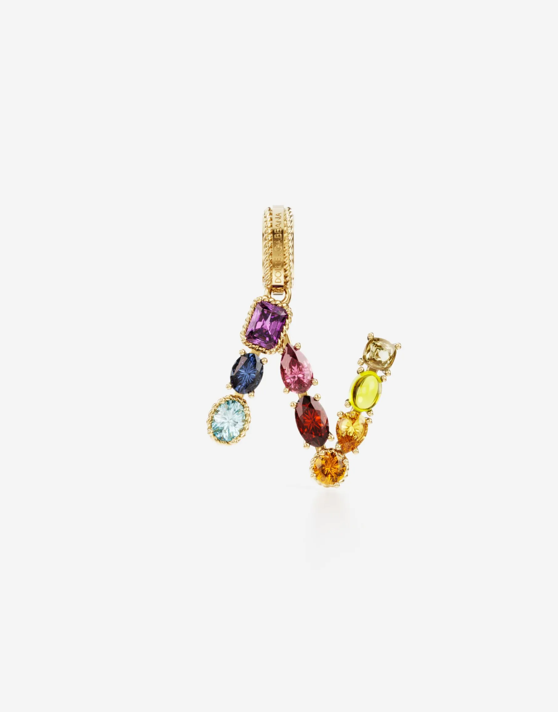 Rainbow alphabet N 18 kt yellow gold charm with multicolor fine gems