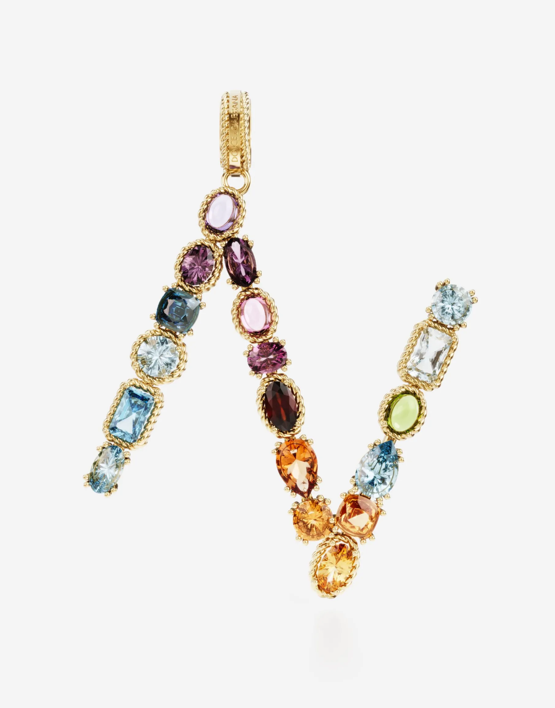 Rainbow alphabet N 18 kt yellow gold charm with multicolor fine gems