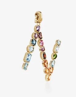 Rainbow alphabet N 18 kt yellow gold charm with multicolor fine gems