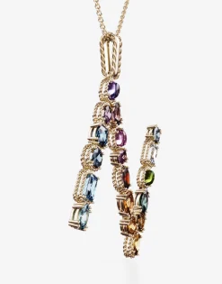 Rainbow alphabet N pendant in yellow gold with multicolor fine gems