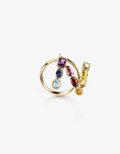 Rainbow alphabet N ring in yellow gold with multicolor fine gems