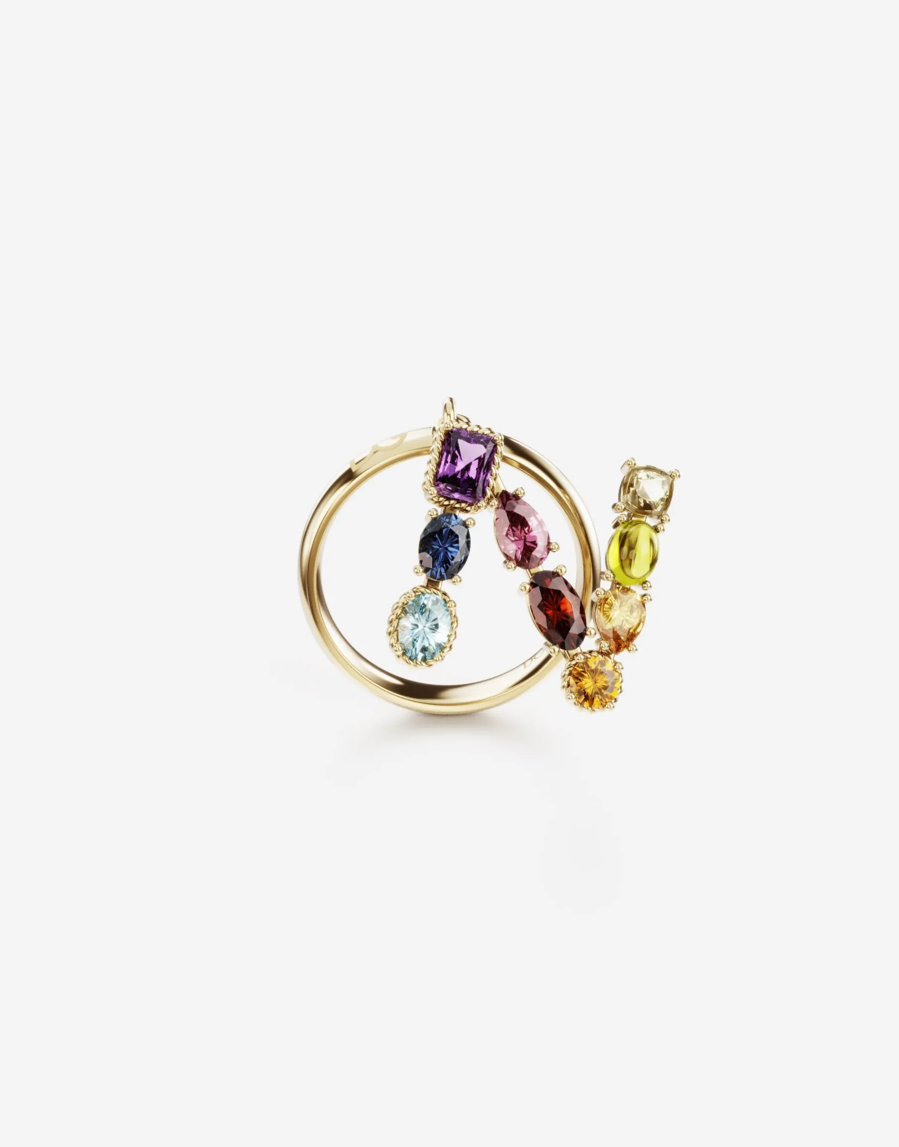 Rainbow alphabet N ring in yellow gold with multicolor fine gems