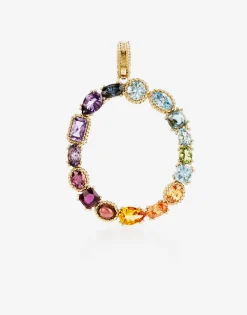 Rainbow alphabet O 18 kt yellow gold charm with multicolor fine gems