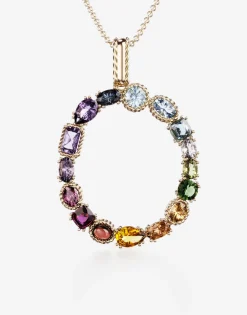 Rainbow alphabet O pendant in yellow gold with multicolor fine gems