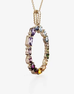 Rainbow alphabet O pendant in yellow gold with multicolor fine gems