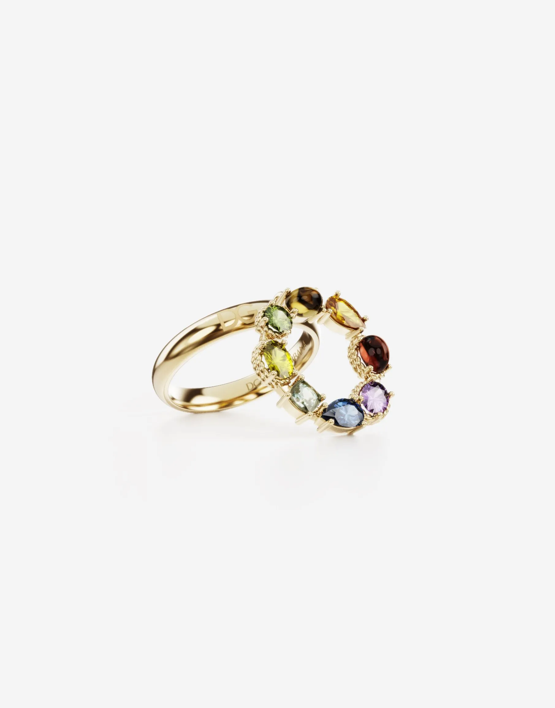 Rainbow alphabet O ring in yellow gold with multicolor fine gems