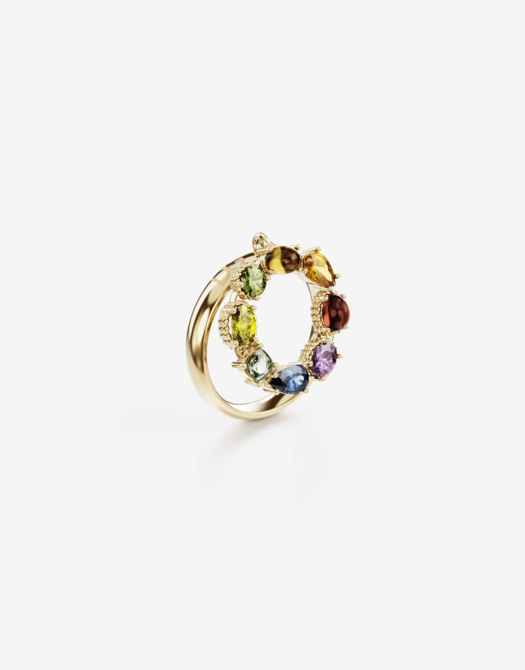 Rainbow alphabet O ring in yellow gold with multicolor fine gems