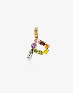 Rainbow alphabet P 18 kt yellow gold charm with multicolor fine gems