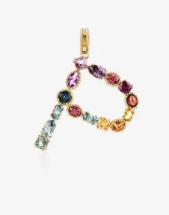 Rainbow alphabet P 18 kt yellow gold charm with multicolor fine gems