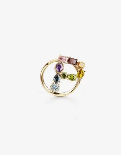 Rainbow alphabet P ring in yellow gold with multicolor fine gems