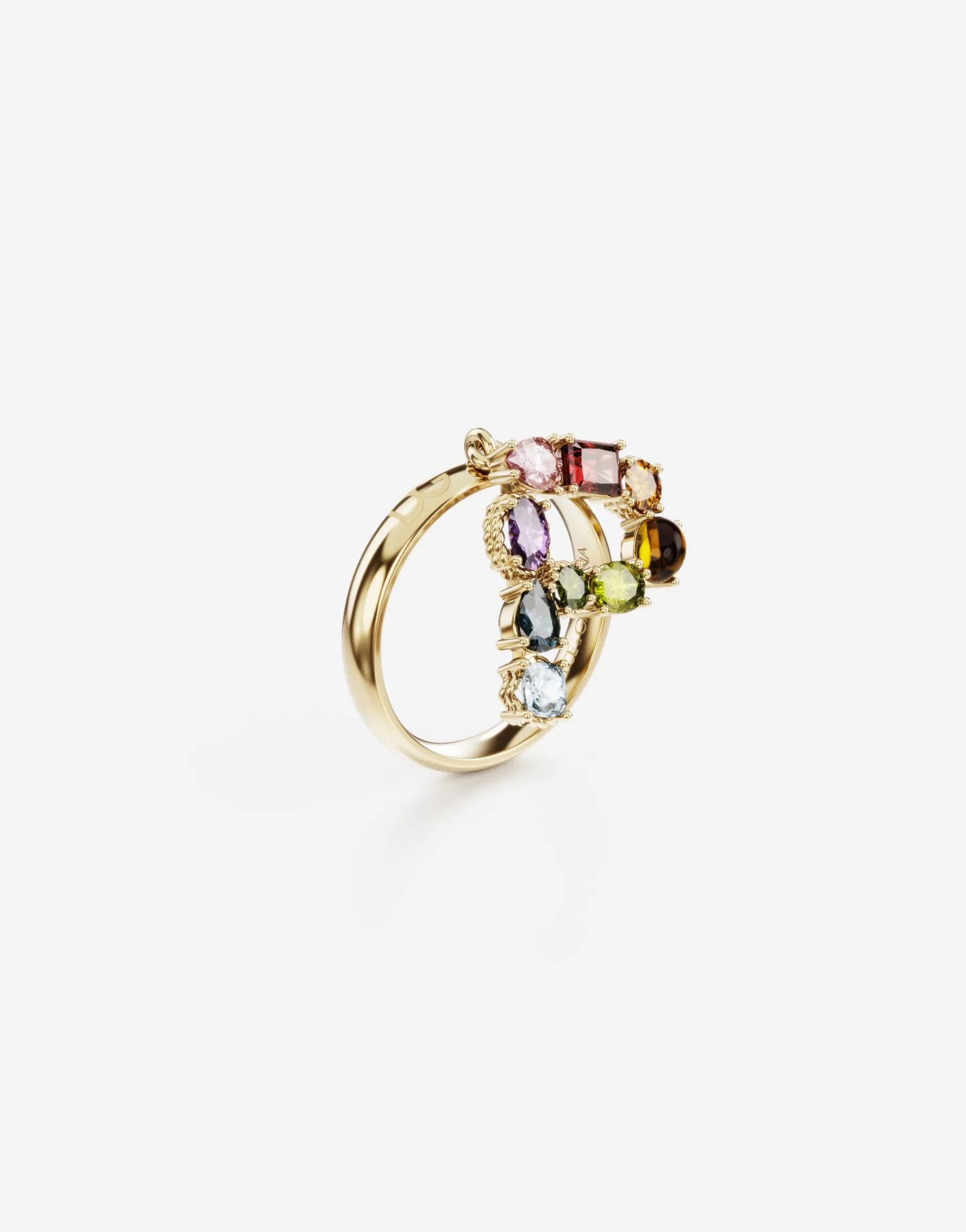 Rainbow alphabet P ring in yellow gold with multicolor fine gems