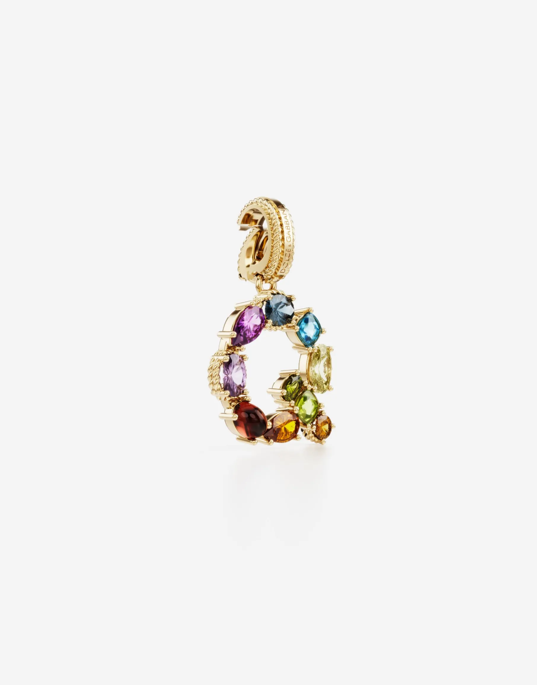Rainbow alphabet Q 18 kt yellow gold charm with multicolor fine gems