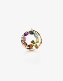 Rainbow alphabet Q ring in yellow gold with multicolor fine gems