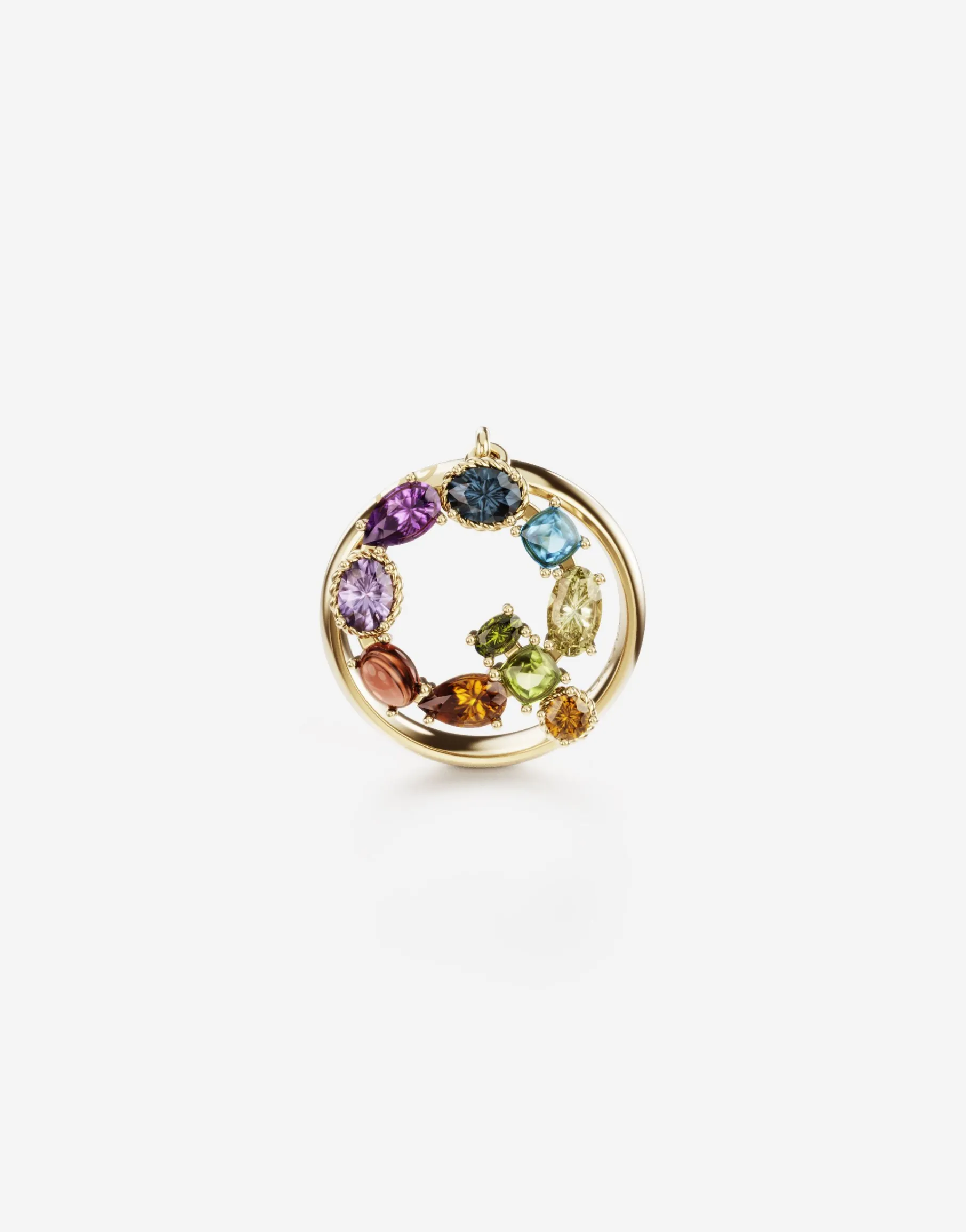 Rainbow alphabet Q ring in yellow gold with multicolor fine gems