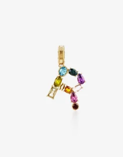 Rainbow alphabet R 18 kt yellow gold charm with multicolor fine gems