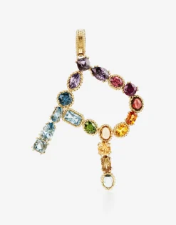 Rainbow alphabet R 18 kt yellow gold charm with multicolor fine gems