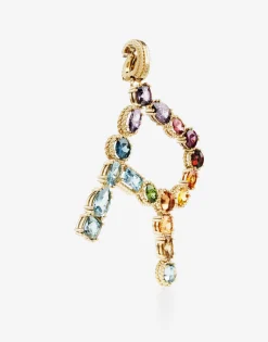 Rainbow alphabet R 18 kt yellow gold charm with multicolor fine gems