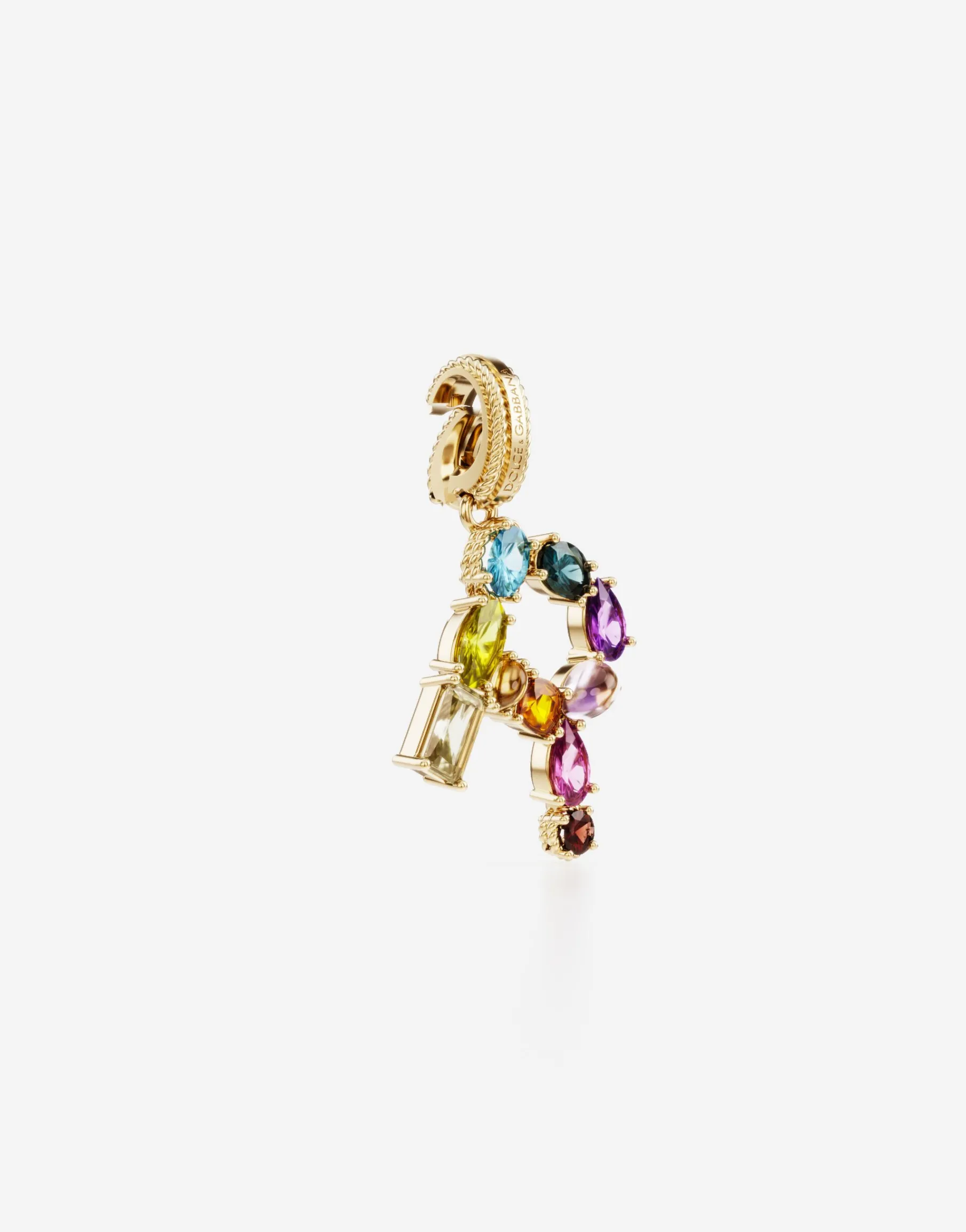 Rainbow alphabet R 18 kt yellow gold charm with multicolor fine gems