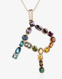 Rainbow alphabet R pendant in yellow gold with multicolor fine gems