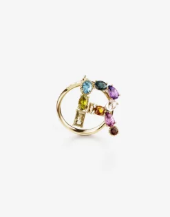 Rainbow alphabet R ring in yellow gold with multicolor fine gems