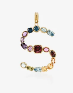 Rainbow alphabet S 18 kt yellow gold charm with multicolor fine gems