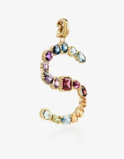 Rainbow alphabet S 18 kt yellow gold charm with multicolor fine gems