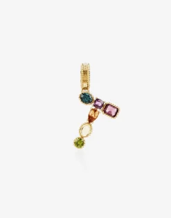 Rainbow alphabet T 18 kt yellow gold charm with multicolor fine gems