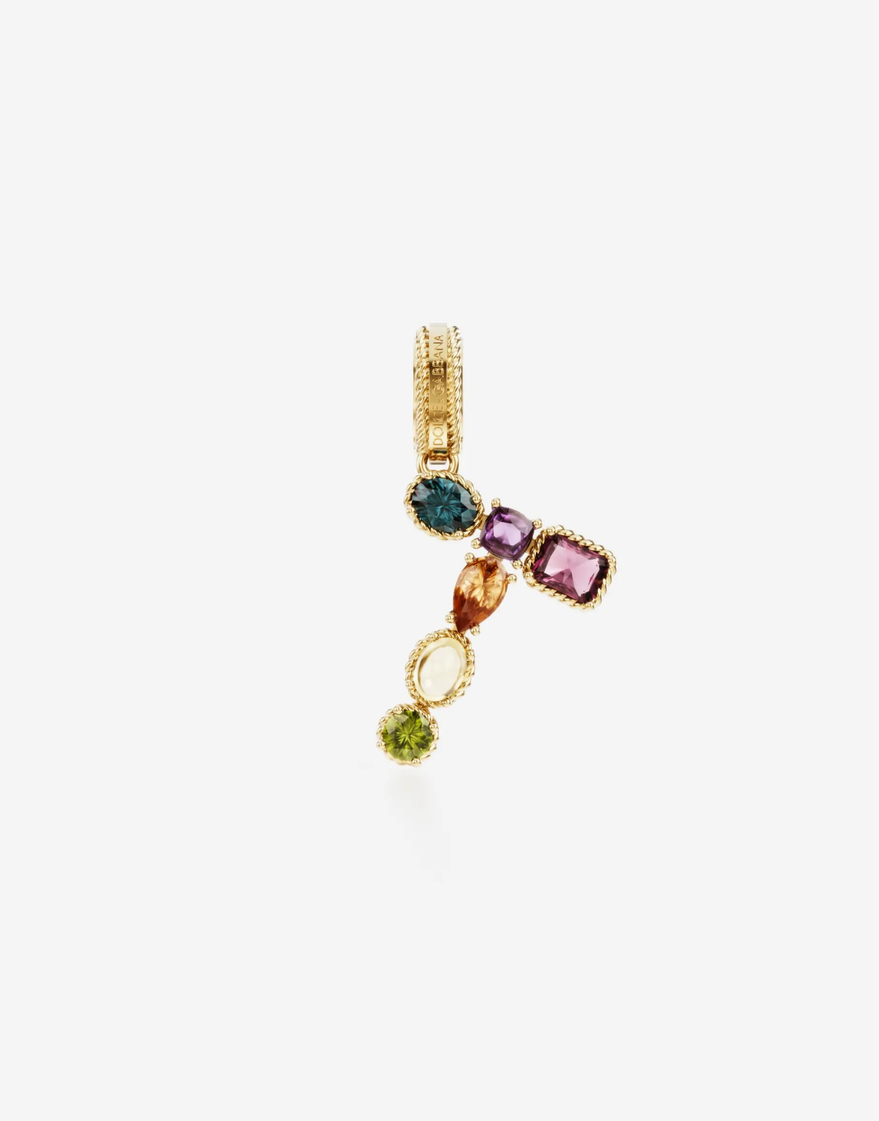 Rainbow alphabet T 18 kt yellow gold charm with multicolor fine gems