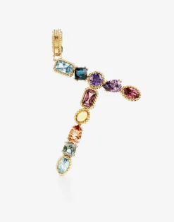 Rainbow alphabet T 18 kt yellow gold charm with multicolor fine gems