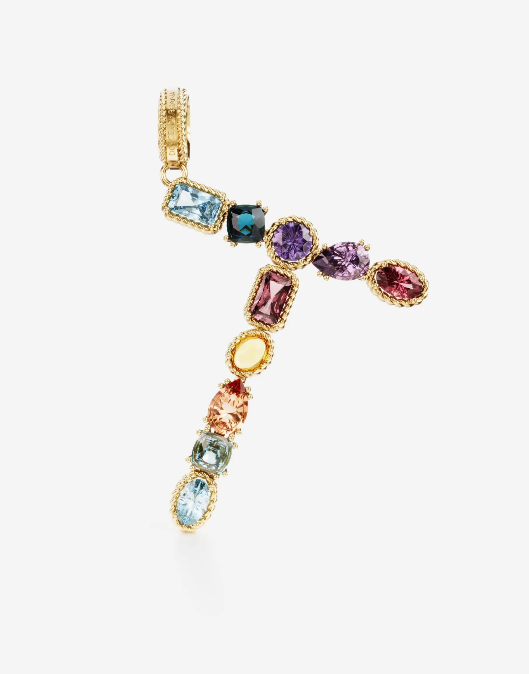 Rainbow alphabet T 18 kt yellow gold charm with multicolor fine gems