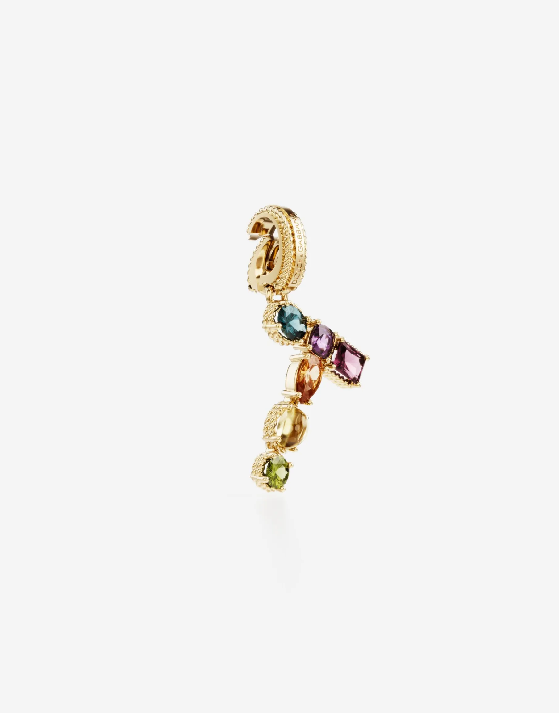 Rainbow alphabet T 18 kt yellow gold charm with multicolor fine gems