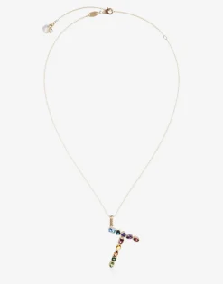 Rainbow alphabet T pendant in yellow gold with multicolor fine gems