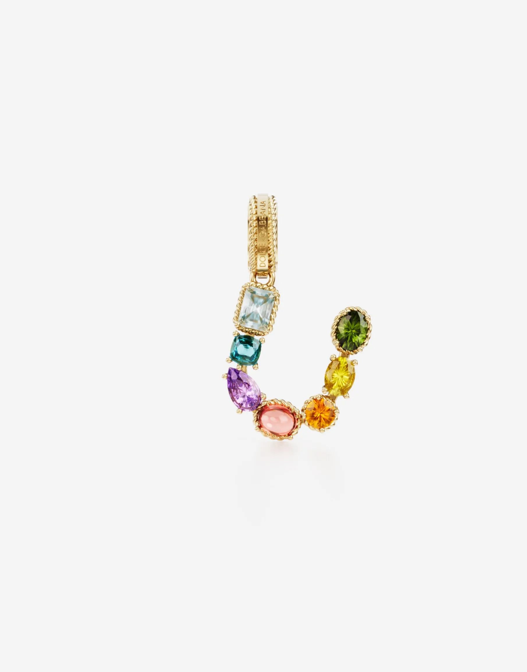 Rainbow alphabet U 18 kt yellow gold charm with multicolor fine gems