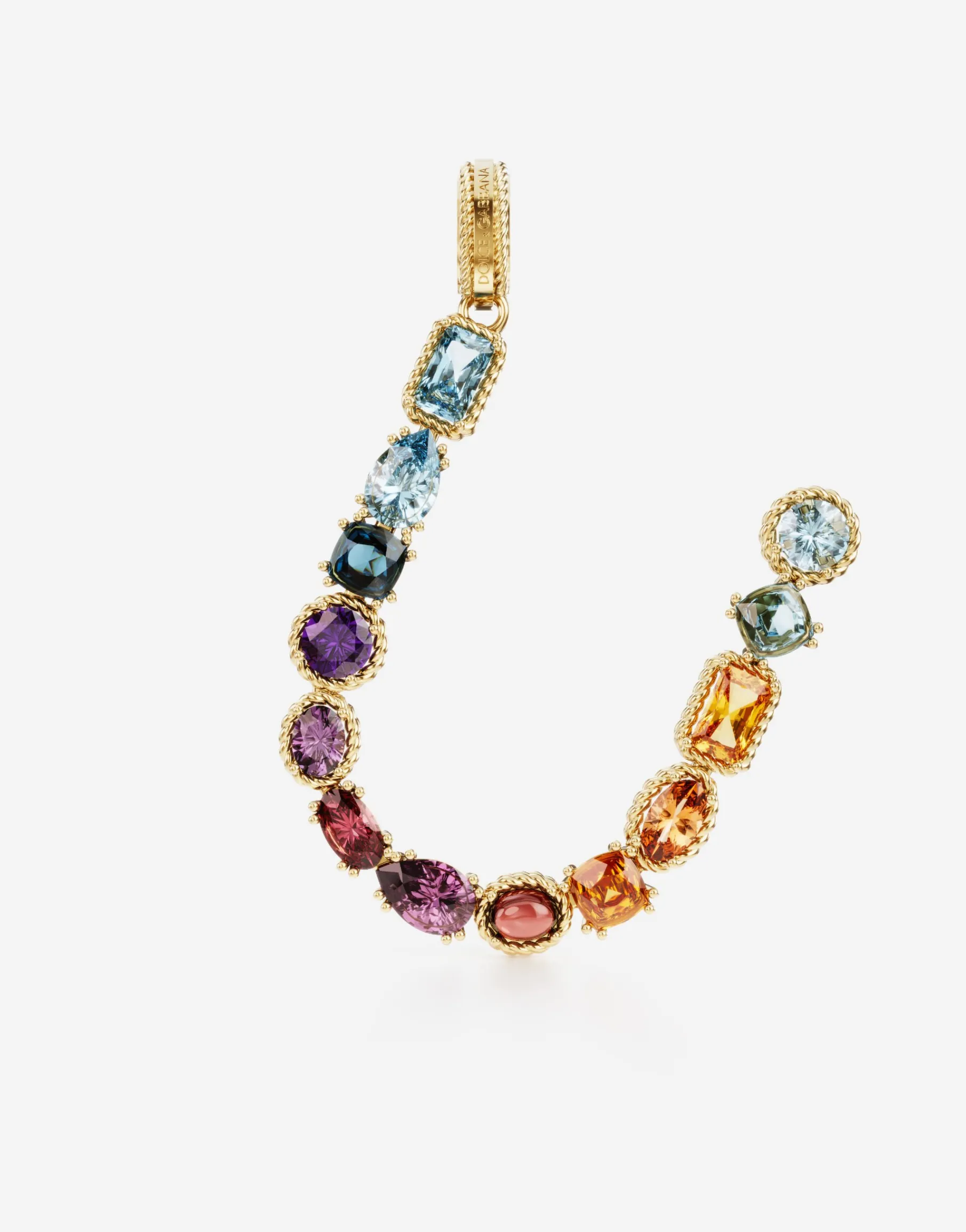 Rainbow alphabet U 18 kt yellow gold charm with multicolor fine gems