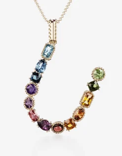 Rainbow alphabet U pendant in yellow gold with multicolor fine gems